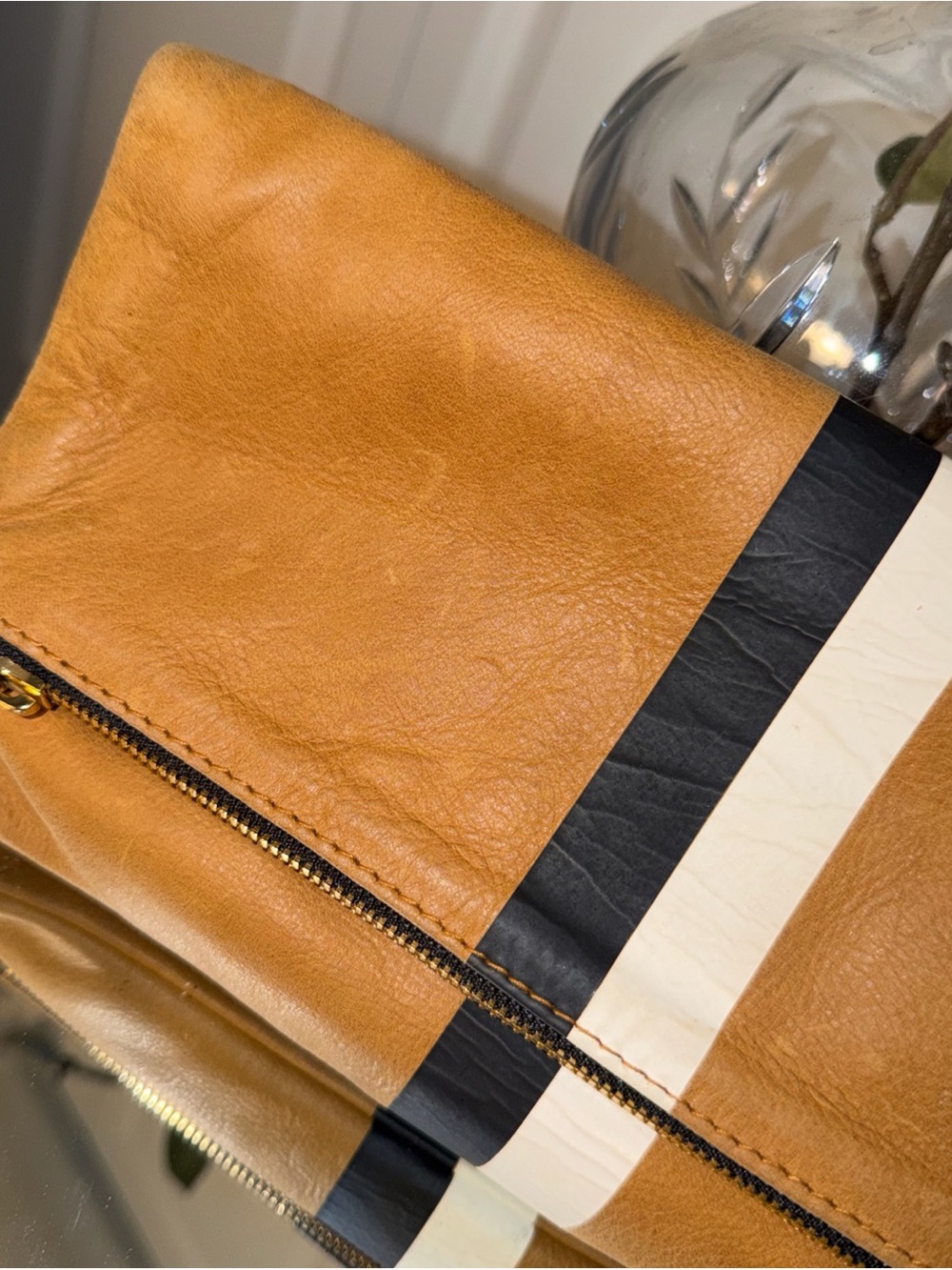 Clare V Tan Leather Toiletry Bag with Black and Cream Racing Stripe - Picture 2 of 11